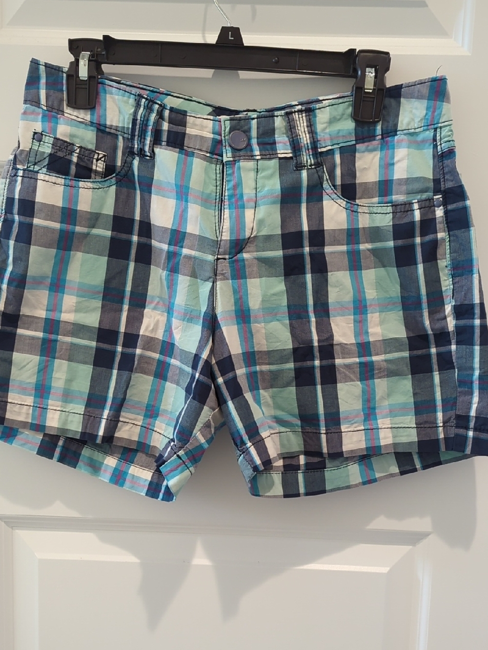 Lee Women's Plaid Flat-Front Shorts in Aqua, Navy and White